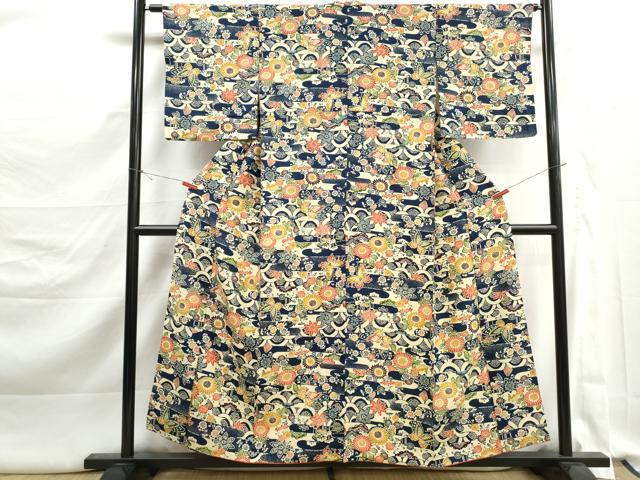 平和屋着物■上質な小紋　型染め　エ霞花蝶文　正絹　逸品　DABK3290qa