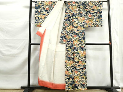 平和屋着物■上質な小紋　型染め　エ霞花蝶文　正絹　逸品　DABK3290qa