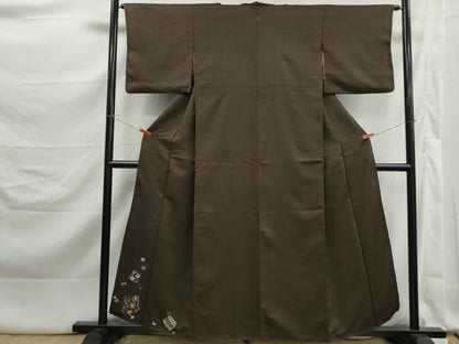 平和屋着物■豪華色留袖　総刺繍　破れ色紙花蝶文　濃海松茶色　正絹　逸品　DABK3306qa