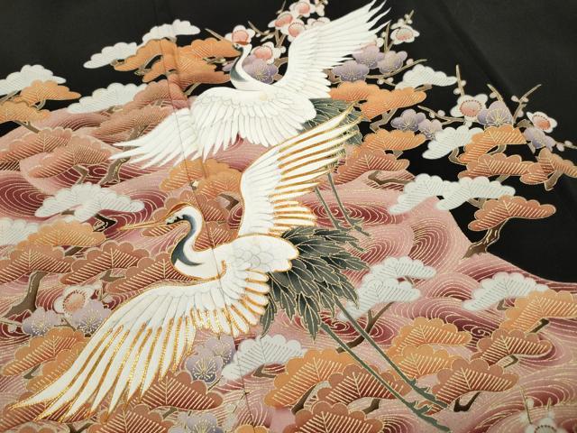 平和屋着物■豪華黒留袖　駒刺繍　飛鶴花松文　枝梅　金彩　正絹　逸品　DABK3320qa