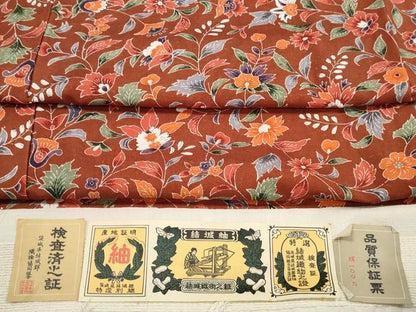 平和屋着物■上質な小紋　結城紬地　更紗花文　証紙付き　正絹　逸品　DABK3340qa