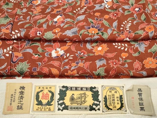 平和屋着物■上質な小紋　結城紬地　更紗花文　証紙付き　正絹　逸品　DABK3340qa