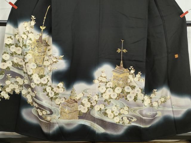 平和屋着物■豪華黒留袖　作家物　流水風景花文　暈し染め　金彩　正絹　逸品　DABK3349qa