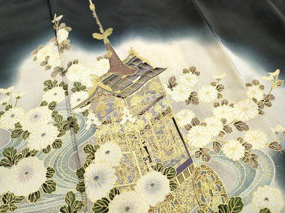 平和屋着物■豪華黒留袖　作家物　流水風景花文　暈し染め　金彩　正絹　逸品　DABK3349qa
