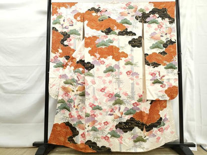平和屋着物■豪華振袖　駒刺繍　飛鶴花松文　金彩　正絹　逸品　DABK3354qa