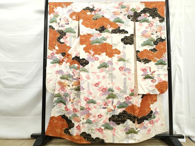 平和屋着物■豪華振袖　駒刺繍　飛鶴花松文　金彩　正絹　逸品　DABK3354qa