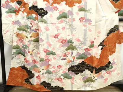 平和屋着物■豪華振袖　駒刺繍　飛鶴花松文　金彩　正絹　逸品　DABK3354qa