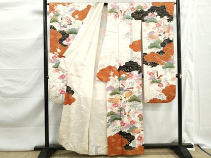 平和屋着物■豪華振袖　駒刺繍　飛鶴花松文　金彩　正絹　逸品　DABK3354qa