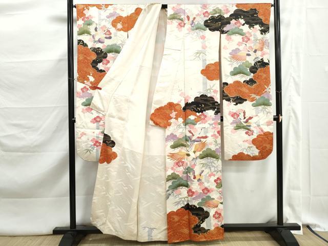 平和屋着物■豪華振袖　駒刺繍　飛鶴花松文　金彩　正絹　逸品　DABK3354qa