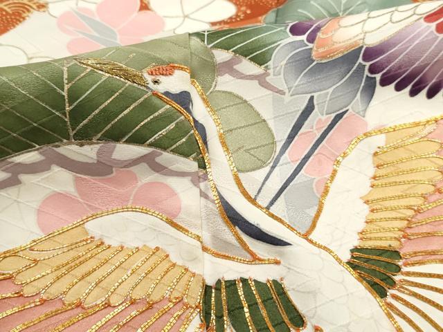 平和屋着物■豪華振袖　駒刺繍　飛鶴花松文　金彩　正絹　逸品　DABK3354qa