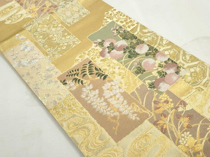 平和屋着物◎六通柄袋帯　唐織　短冊花文　光悦うたひ本　金銀糸　正絹　逸品　DABK3363qa
