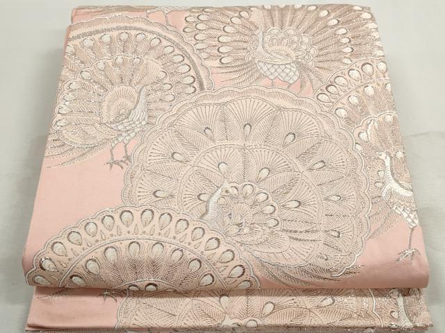 平和屋着物◎六通柄袋帯　唐織　麗美孔雀文様　プラチナ箔　正絹　逸品　DABK3376qa