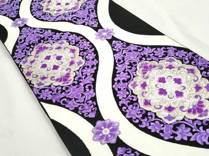 平和屋着物◎六通柄袋帯　唐織　立涌正倉院花文　黒地　銀糸　正絹　逸品　DABK3386qa