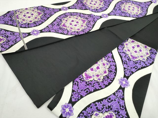 平和屋着物◎六通柄袋帯　唐織　立涌正倉院花文　黒地　銀糸　正絹　逸品　DABK3386qa