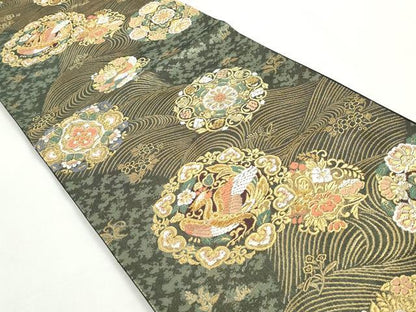 平和屋着物◎六通柄袋帯　竹屋町刺繍　正倉院花鳥文　金糸　引箔　正絹　逸品　DABK3392qa