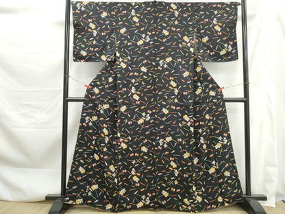 平和屋着物■上質な小紋　人物楽器文　唐子　黒地　正絹　逸品　DABK3402qa