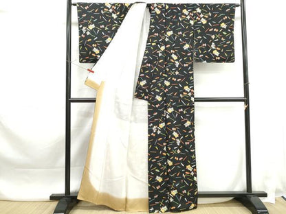平和屋着物■上質な小紋　人物楽器文　唐子　黒地　正絹　逸品　DABK3402qa
