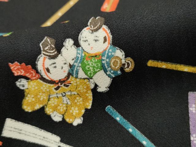 平和屋着物■上質な小紋　人物楽器文　唐子　黒地　正絹　逸品　DABK3402qa