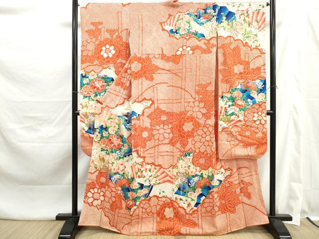 平和屋着物■豪華振袖　駒刺繍　絞り　扇面草花文　牡丹　金彩　正絹　逸品　DABK3424qa