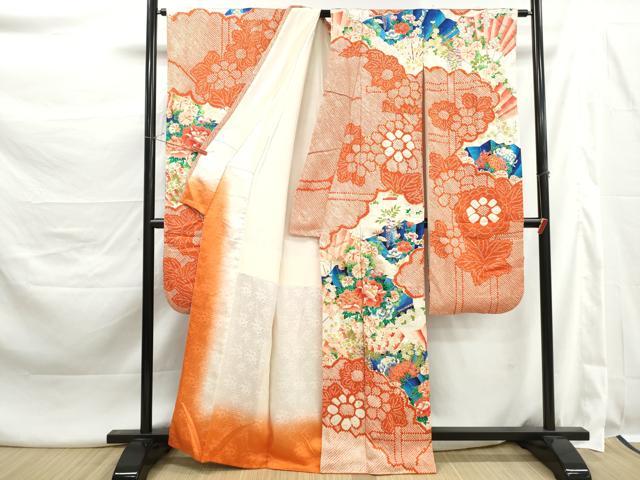 平和屋着物■豪華振袖　駒刺繍　絞り　扇面草花文　牡丹　金彩　正絹　逸品　DABK3424qa