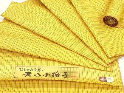 平和屋着物▼西陣　紬　反物　着尺　黄八小格子　証紙付き　逸品　未使用　DABK3533zy