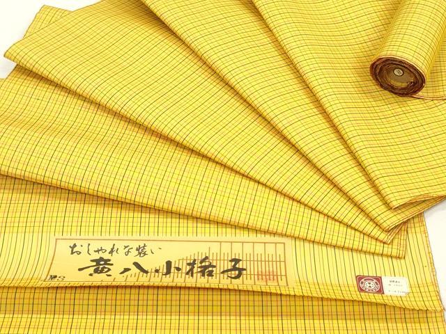 平和屋着物▼西陣　紬　反物　着尺　黄八小格子　証紙付き　逸品　未使用　DABK3533zy
