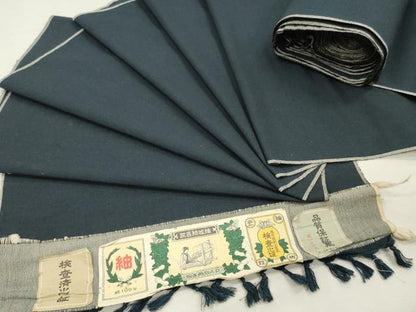 平和屋着物▼男性　結城紬　反物　着尺　アンサンブル　濃藍色　証紙付き　 逸品　未使用　DABK3573zy