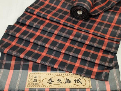 平和屋着物▼紬　反物　着尺　アンサンブル　喜久島織　格子　証紙付き　逸品　未使用　DABK3598zy