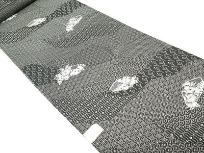 平和屋着物▼小紋　反物　着尺　辻が花文　黒地　洗える着物　未使用　DABK3611zy