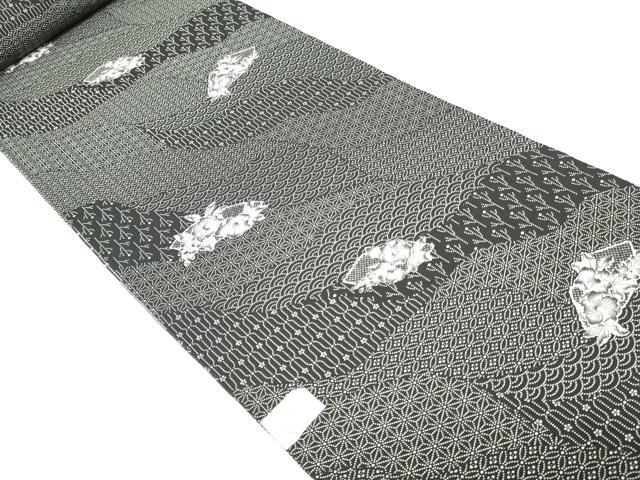 平和屋着物▼小紋　反物　着尺　辻が花文　黒地　洗える着物　未使用　DABK3611zy