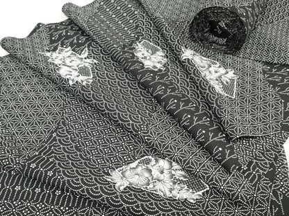 平和屋着物▼小紋　反物　着尺　辻が花文　黒地　洗える着物　未使用　DABK3611zy