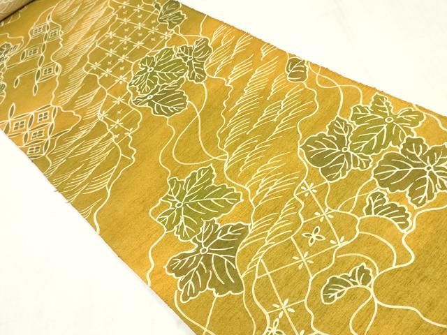 平和屋着物▼小紋　反物　着尺　紬地　ろうけつ染め　舞葉文　逸品　未使用　DABK3612zy