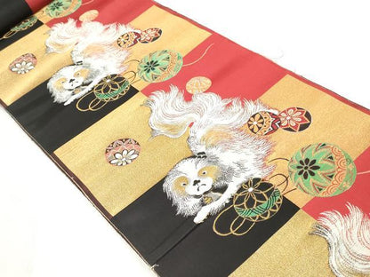 平和屋着物●アンティーク　大正ロマン　名古屋帯　帯反物　狆　金糸　逸品　未使用　DABK3664zy