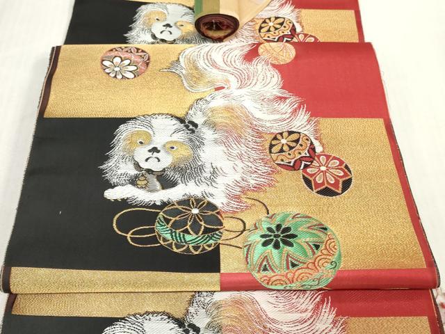 平和屋着物●アンティーク　大正ロマン　名古屋帯　帯反物　狆　金糸　逸品　未使用　DABK3664zy