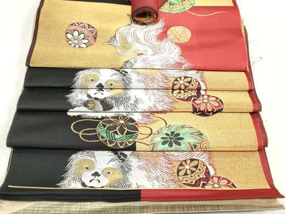 平和屋着物●アンティーク　大正ロマン　名古屋帯　帯反物　狆　金糸　逸品　未使用　DABK3664zy