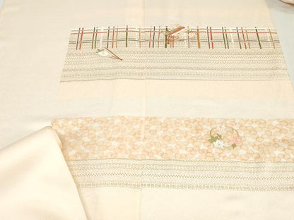 平和屋着物▼付下げ　反物　着尺　刺繍　扇面草花文　金彩　逸品　未使用　DABK3715zy