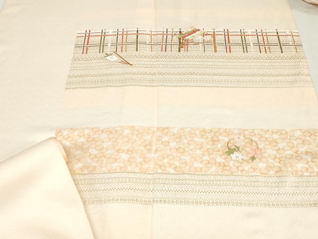 平和屋着物▼付下げ　反物　着尺　刺繍　扇面草花文　金彩　逸品　未使用　DABK3715zy