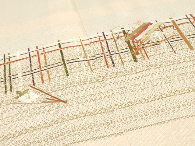 平和屋着物▼付下げ　反物　着尺　刺繍　扇面草花文　金彩　逸品　未使用　DABK3715zy