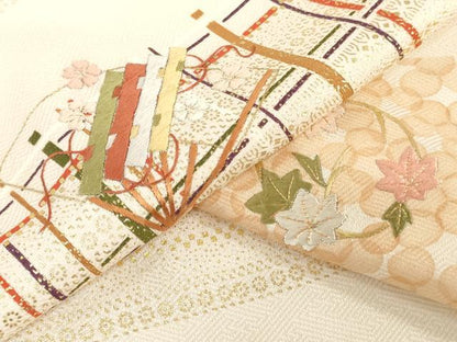 平和屋着物▼付下げ　反物　着尺　刺繍　扇面草花文　金彩　逸品　未使用　DABK3715zy