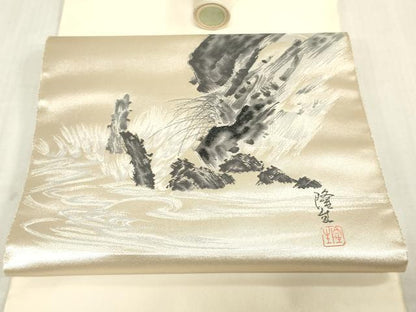 平和屋着物▼西陣　樋口正　名古屋帯　帯反物　作家物　風景文　証紙付き　逸品　未使用　DABK3776zy