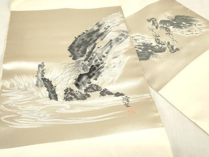 平和屋着物▼西陣　樋口正　名古屋帯　帯反物　作家物　風景文　証紙付き　逸品　未使用　DABK3776zy