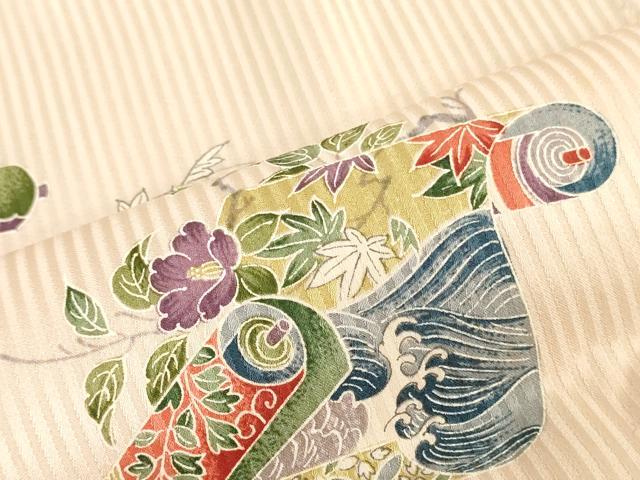 平和屋着物▼小紋　解き反物　着尺　絵巻草花文　裁断済み　逸品　DABK3802zy