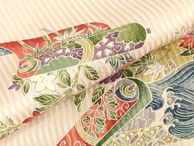平和屋着物▼小紋　解き反物　着尺　絵巻草花文　裁断済み　逸品　DABK3802zy