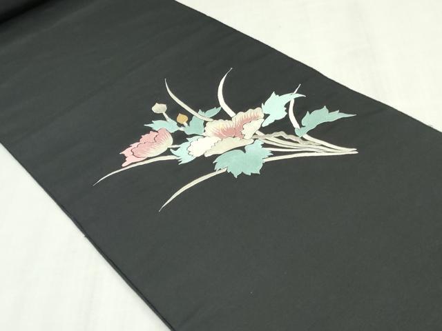 平和屋着物▼名古屋帯　帯反物　総刺繍　枝花文　黒地　金銀糸　逸品　未使用　DABK3822zy