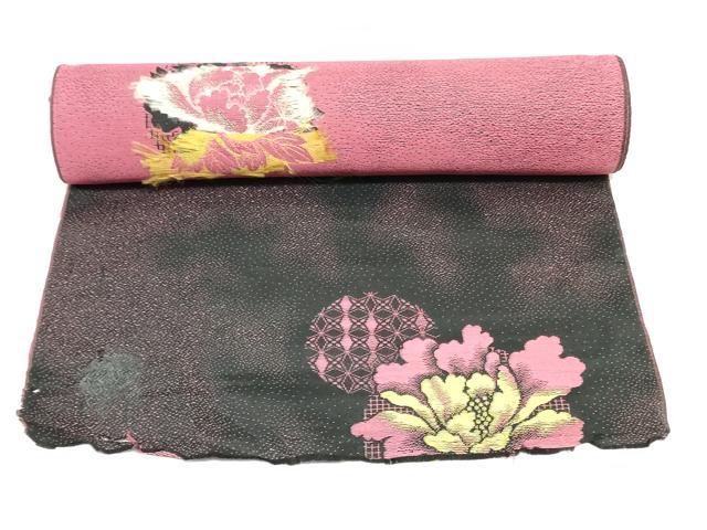 平和屋着物▼アンティーク　大正ロマン　羽織・コート　反物　羽尺　舞花文　黒地　金糸　未使用　DDABK3830zy