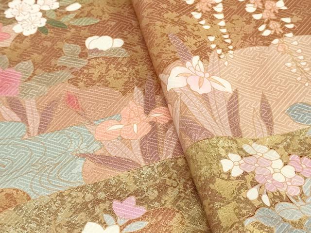 平和屋着物▼付下げ　解き反物　着尺　駒刺繍　草花文　金彩　逸品　DABK3836zy