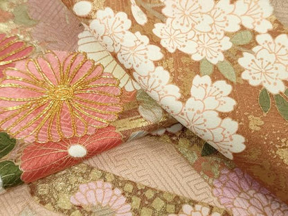 平和屋着物▼付下げ　解き反物　着尺　駒刺繍　草花文　金彩　逸品　DABK3836zy