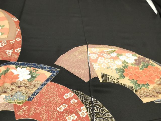 平和屋着物▼黒留袖　解き反物　着尺　駒刺繍　地紙草花文　金彩　逸品　DABK3844zy