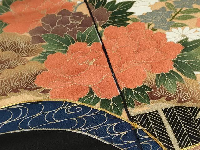 平和屋着物▼黒留袖　解き反物　着尺　駒刺繍　地紙草花文　金彩　逸品　DABK3844zy