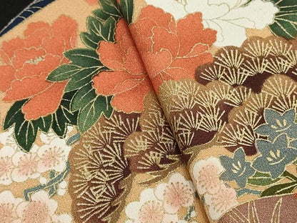 平和屋着物▼黒留袖　解き反物　着尺　駒刺繍　地紙草花文　金彩　逸品　DABK3844zy